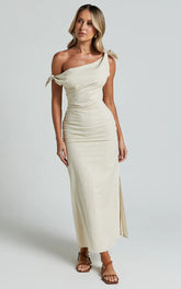 Cincinnati Midi Dress - Off The Shoulder Side Split Column Linen Dress in Beige