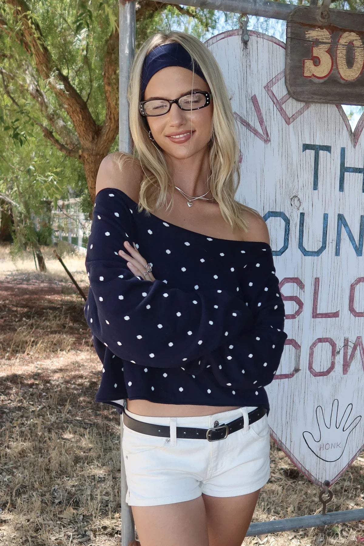 Oversized Off Shoulder Polka Dot Sweater