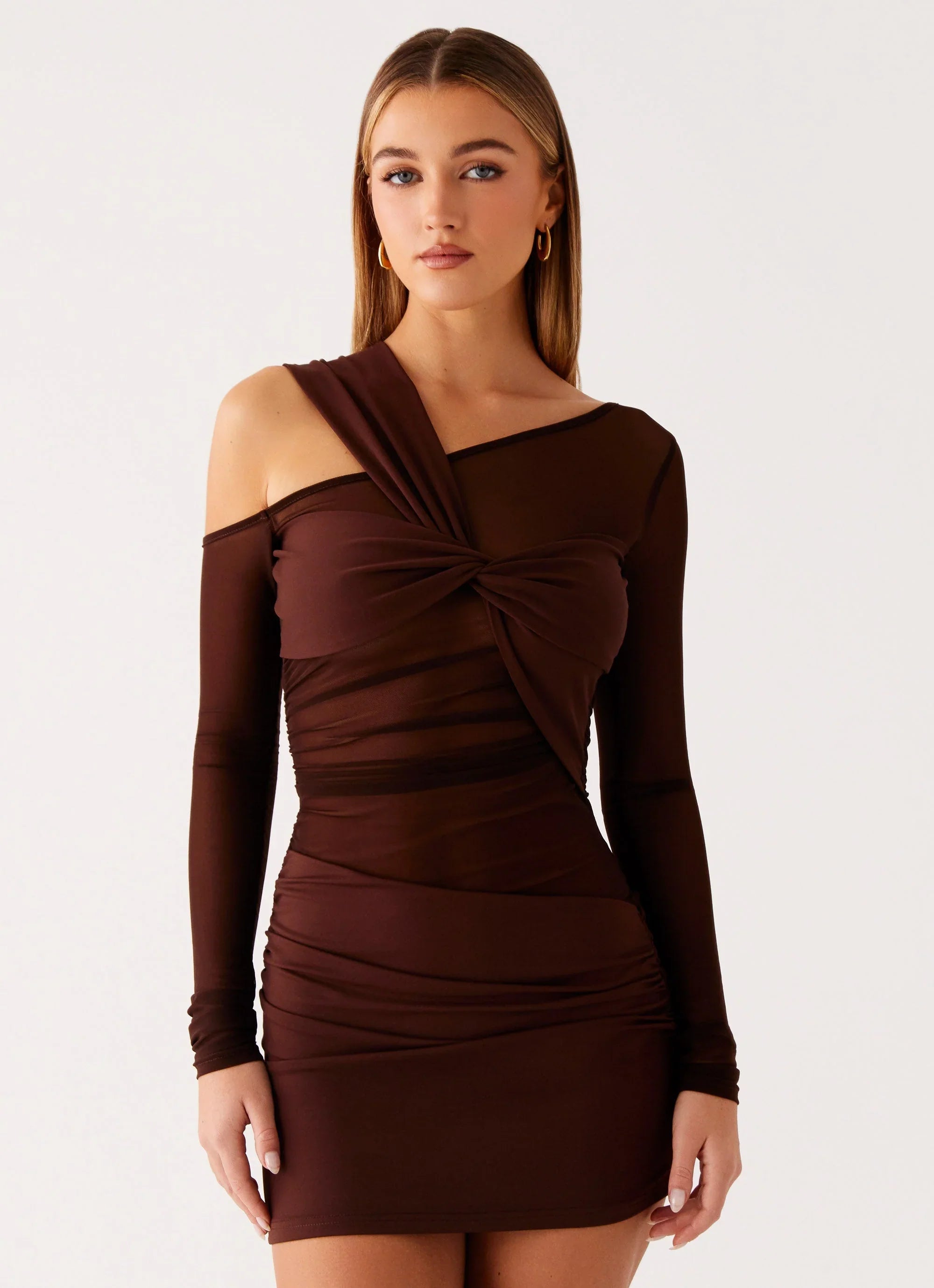 Ophelie Asymmetric Long Sleeve Mini Dress - Chocolate